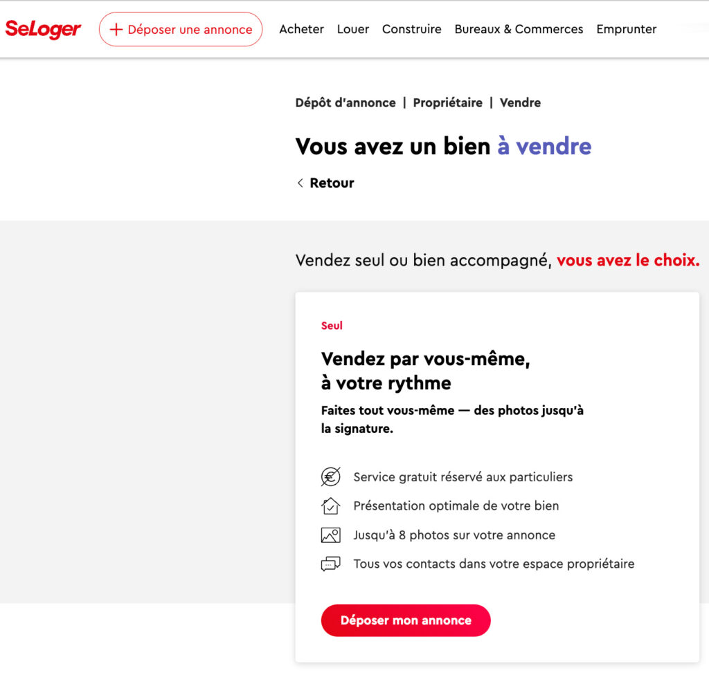 Interface SeLoger – bouton “Déposer une annonce”, guide étape par étape
